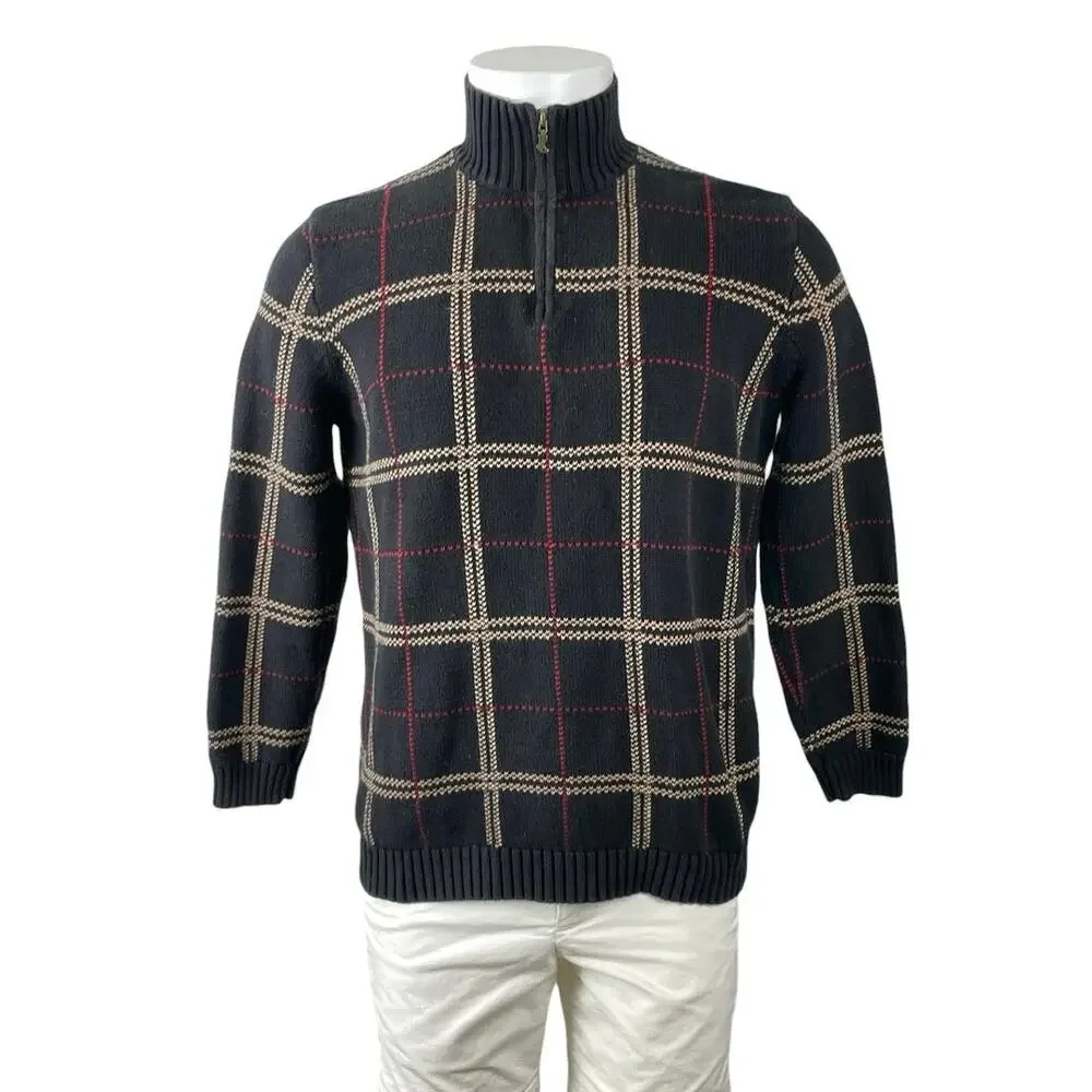 Lauren Ralph Lauren Men's Black Plaid 1/4 Zip Turtleneck Knit Sweater Top Size L
